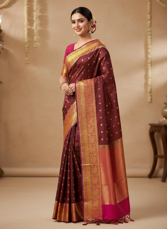 PURE SILK SAREE – BROWN WITH PEACOCK & DOT BUTTA AND DARK PINK GOLDEN BIG BORDER