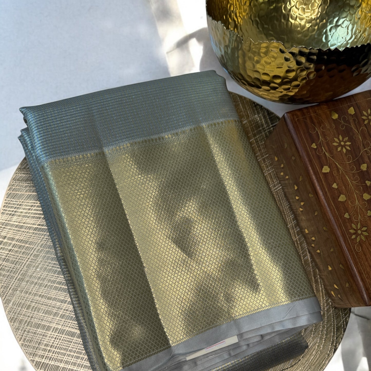 SILK SAREE – SILVER WITH GOLDEN BIG BORDER