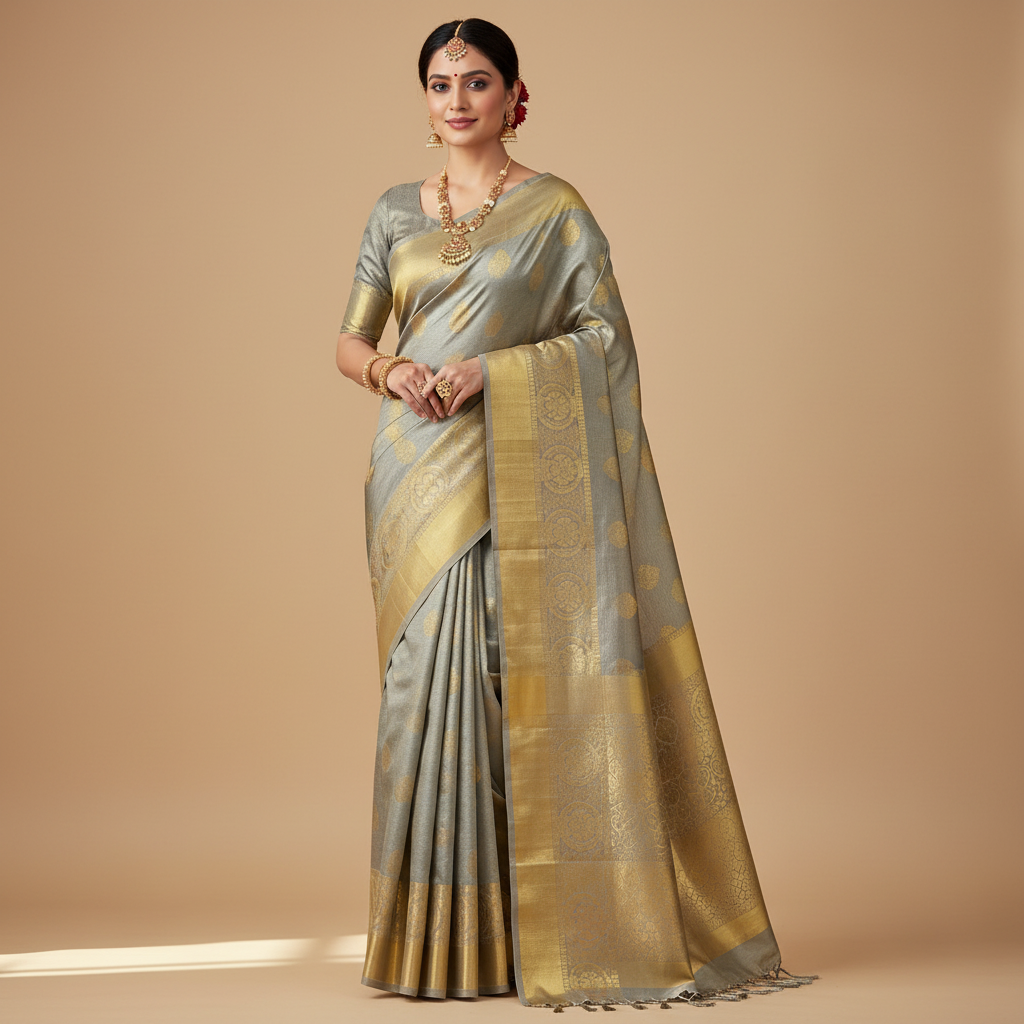 SILK SAREE – SILVER WITH GOLDEN BIG BORDER