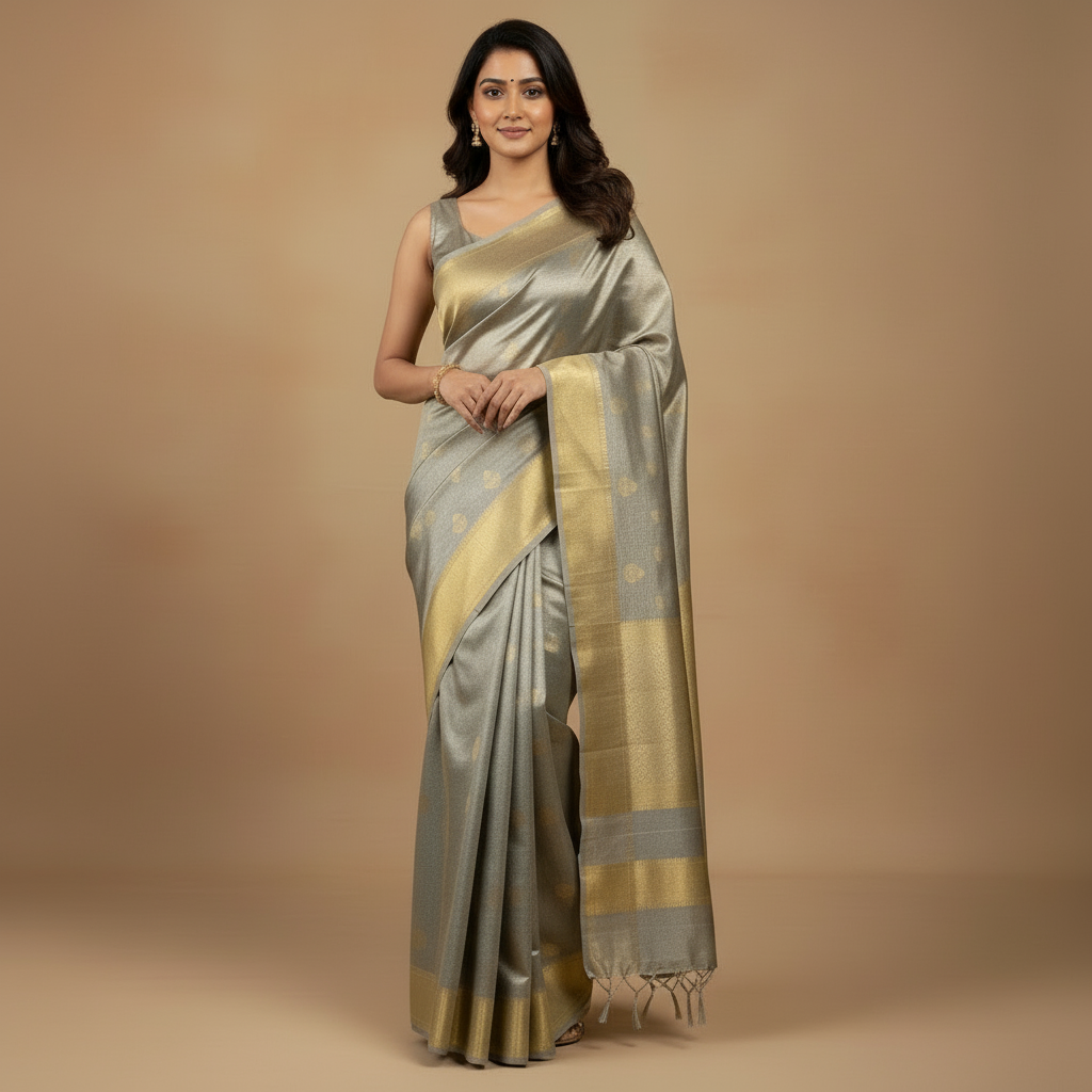 SILK SAREE – SILVER WITH GOLDEN BIG BORDER