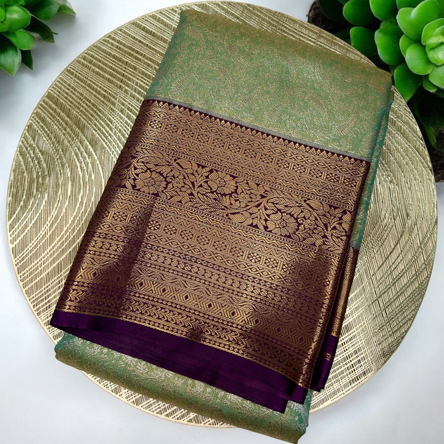 TISSUE SILK SAREE – PISTA GREEN WITH GOLDEN PRINT & DARK PURPLE BIG BORDER