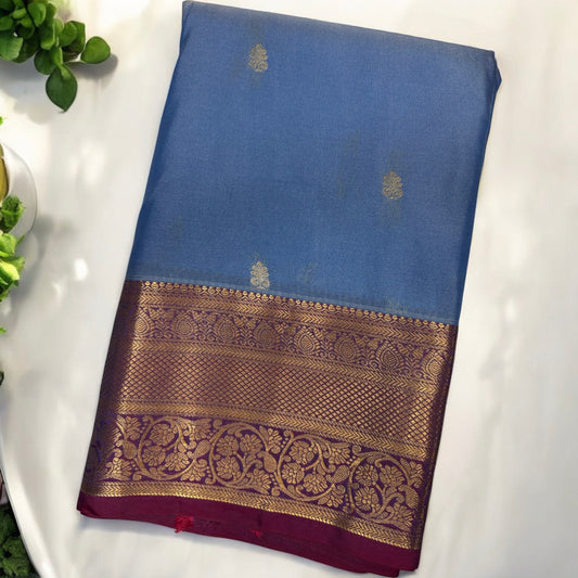 SEMI SILK SAREE – SKY BLUE WITH SMALL BUTTA & RED MEDIUM GOLDEN BORDER