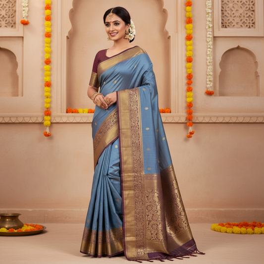 SEMI SILK SAREE – SKY BLUE WITH SMALL BUTTA & RED MEDIUM GOLDEN BORDER