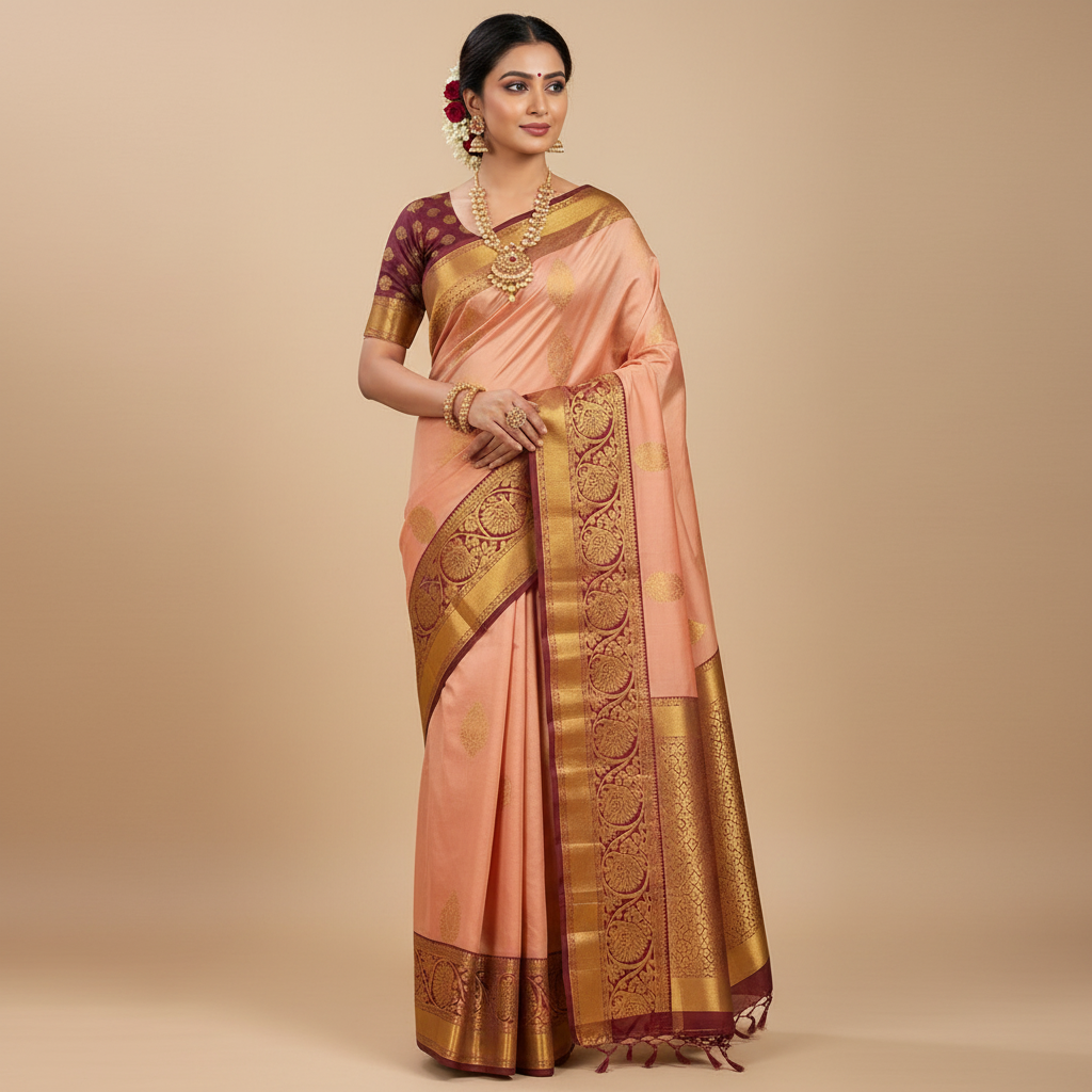 PURE SILK SAREE – CREAMISH PINK WITH BIG DESIGN BUTTA & DARK PINK GOLDEN BIG BORDER