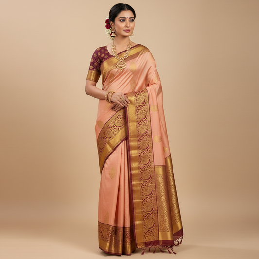 PURE SILK SAREE – CREAMISH PINK WITH BIG DESIGN BUTTA & DARK PINK GOLDEN BIG BORDER