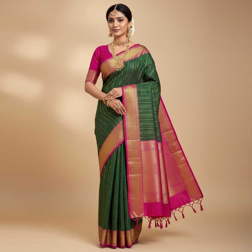 PURE SILK SAREE – MEHENDI GREEN WITH LINE & DOT BUTTA AND PURPLE BIG GOLDEN BORDER
