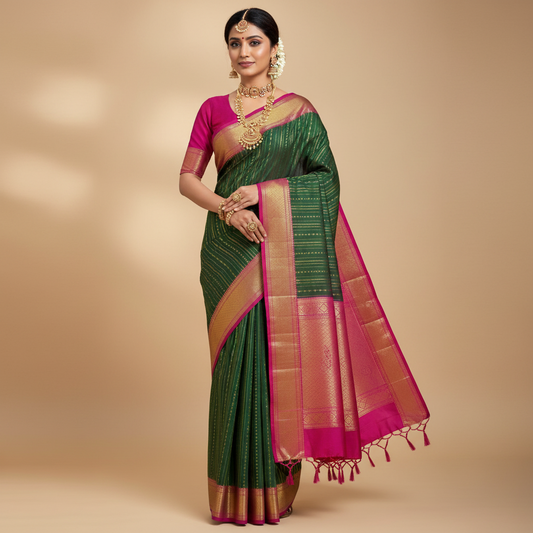 PURE SILK SAREE – MEHENDI GREEN WITH LINE & DOT BUTTA AND PURPLE BIG GOLDEN BORDER