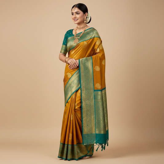 SEMI SILK SAREE – DARK YELLOW WITH SOLID PATTERN AND GREEN BIG GOLDEN BORDER