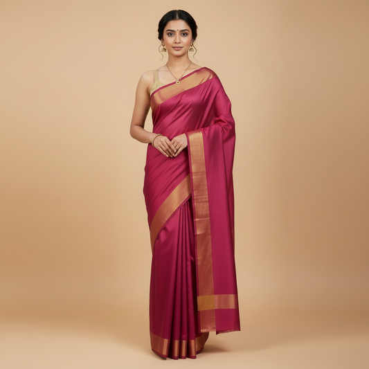 SILK SAREE – PINK WITH SMALL SINGLE GOLDEN ZARI BORDER & SOLID BODY PATTERN