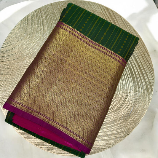 PURE SILK SAREE – MEHENDI GREEN WITH LINE & DOT BUTTA AND PURPLE BIG GOLDEN BORDER