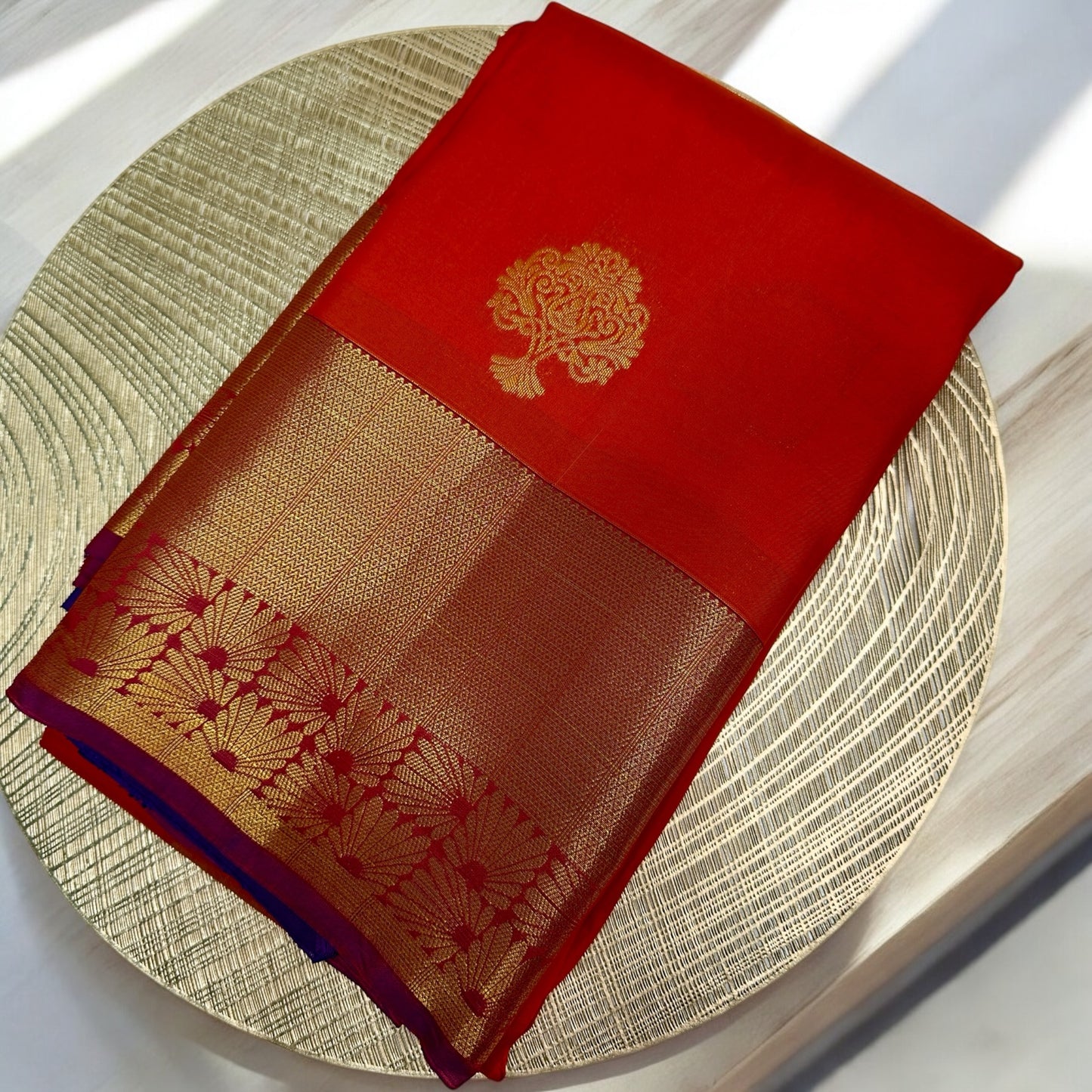 PURE SILK MARK SILK SAREE - ORANGE BODY & VIOLET BORDER