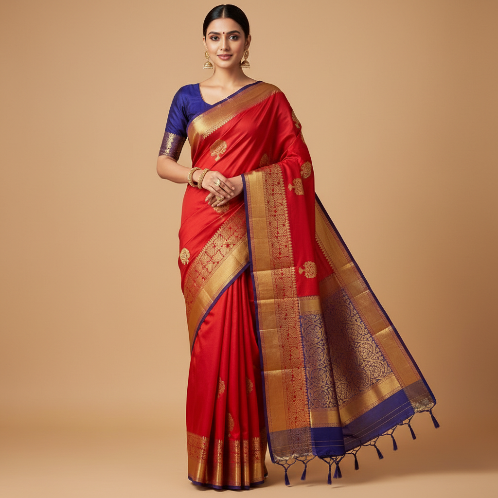 PURE SILK MARK SILK SAREE - ORANGE BODY & VIOLET BORDER