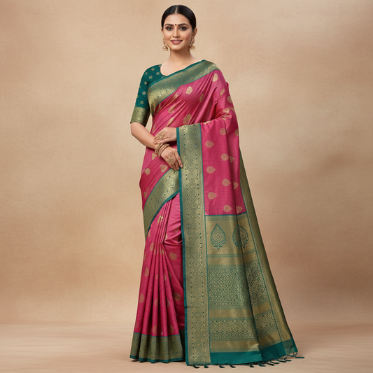 PURE SILK MARK SAREE  WITH PARSENCIAN GREEN & GOLDEN BIG BORDER