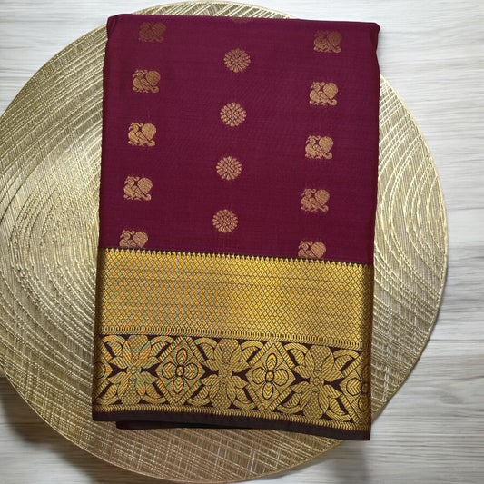 SILK SAREE – DARK PINK WITH PEACOCK & FLOWER BUTTA WITH GREEN BORDER