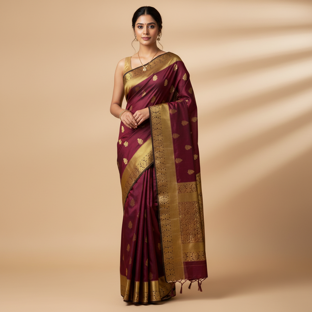 SILK SAREE – DARK PINK WITH PEACOCK & FLOWER BUTTA WITH GREEN BORDER