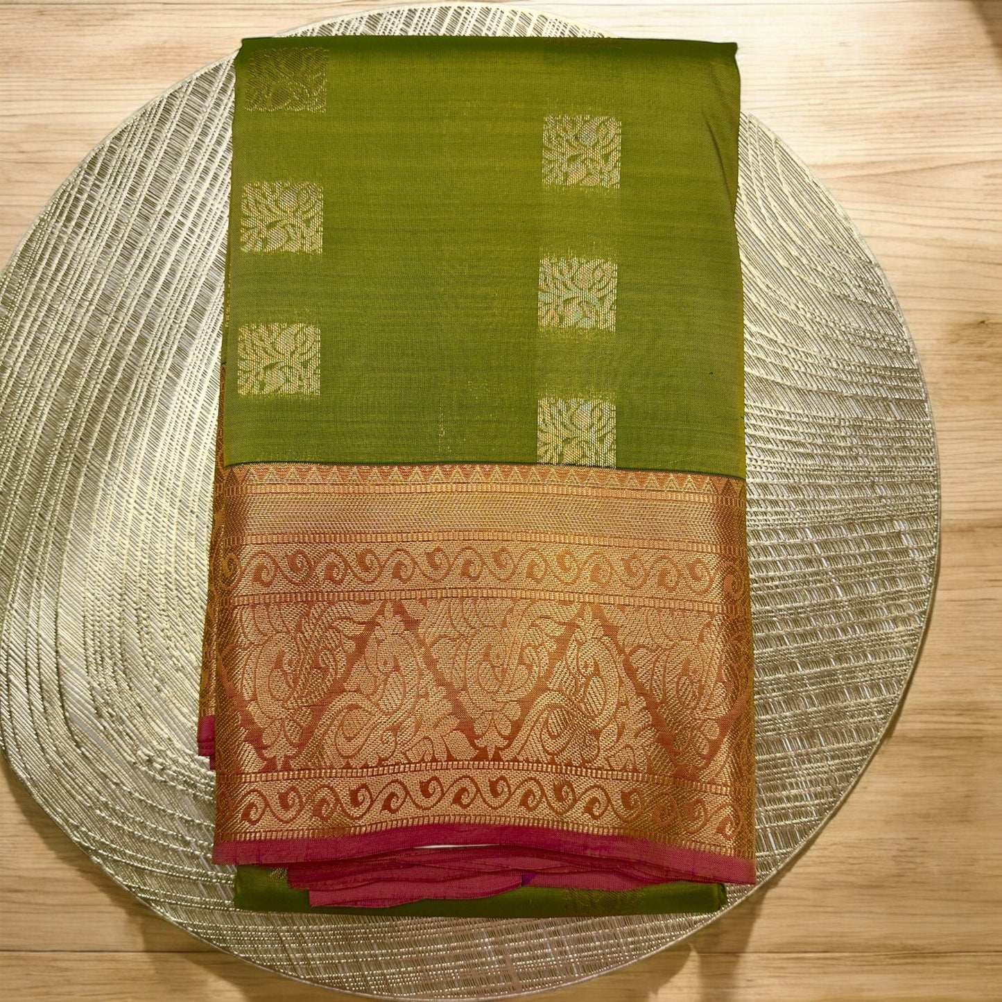 PURE SILK SAREE – LIGHT GREEN WITH SQUARE BUTTA AND LIGHT PINK GOLDEN MEDIUM BORDER