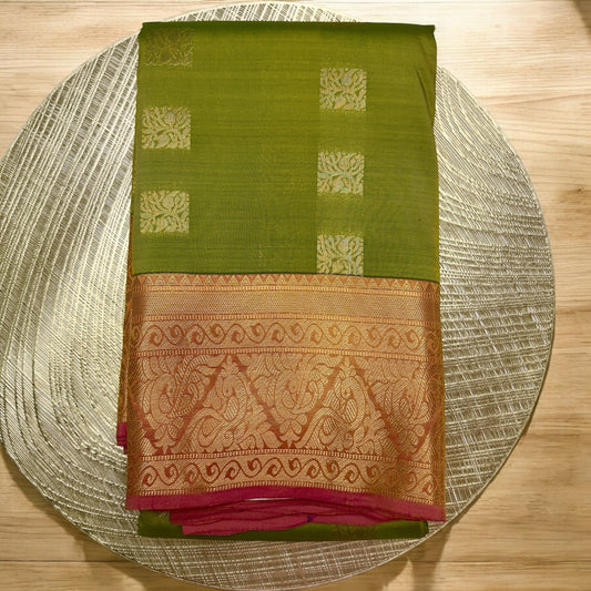 PURE SILK SAREE – LIGHT GREEN WITH SQUARE BUTTA AND LIGHT PINK GOLDEN MEDIUM BORDER