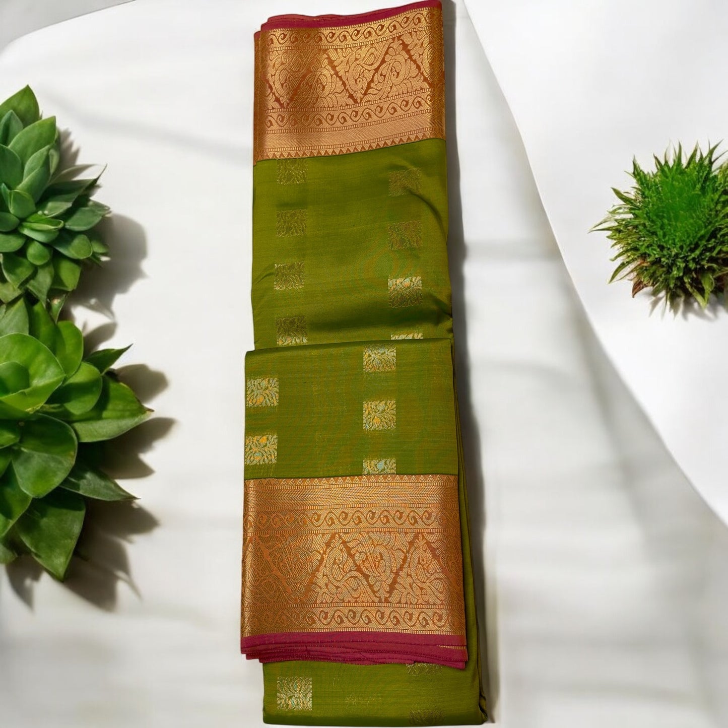 PURE SILK SAREE – LIGHT GREEN WITH SQUARE BUTTA AND LIGHT PINK GOLDEN MEDIUM BORDER