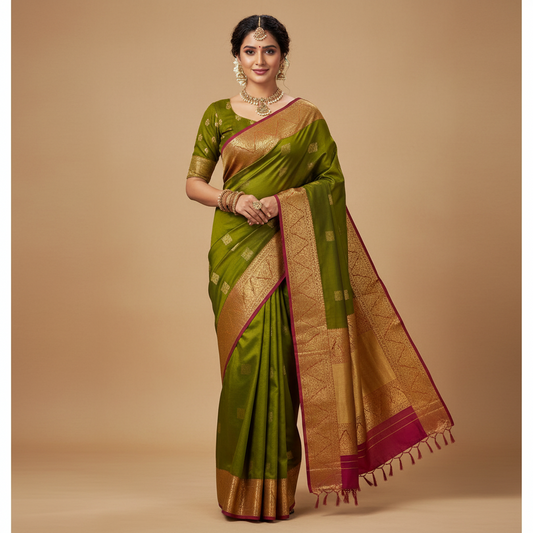 PURE SILK SAREE – LIGHT GREEN WITH SQUARE BUTTA AND LIGHT PINK GOLDEN MEDIUM BORDER