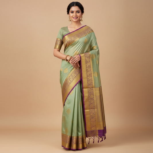 PURE SILK SAREE – PISTA GREEN WITH DIAMOND BUTTA AND PURPLE MEDIUM BORDER