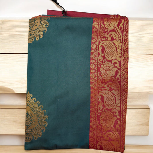 SOFT SILK SAREE – PEACOCK GREEN WITH MAROON (DARK BROWN) PLAIN BORDER