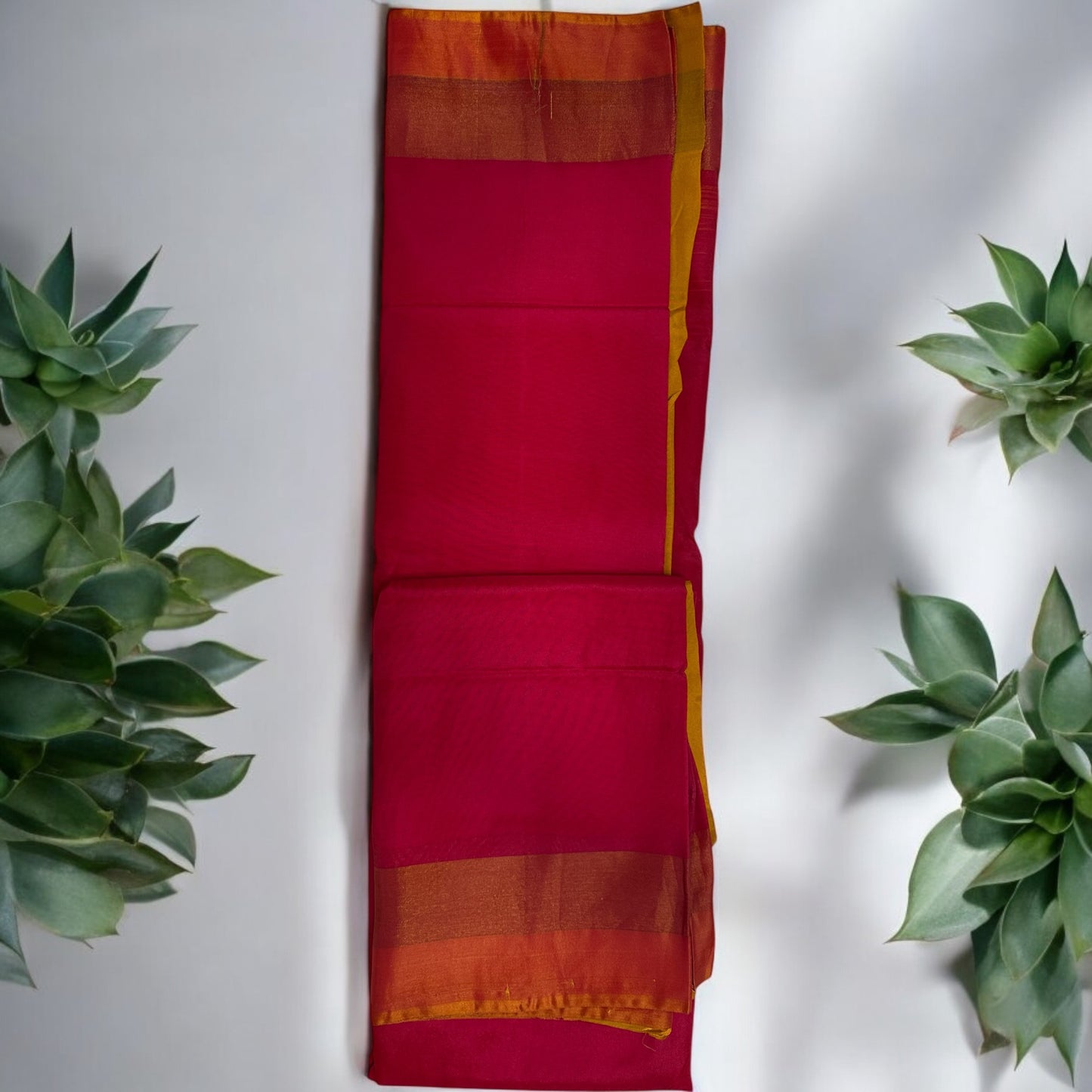 SOFT SILK SAREE – RED PINK MIX WITH ORANGE SMALL BORDER AND YELLOW BLOUSE