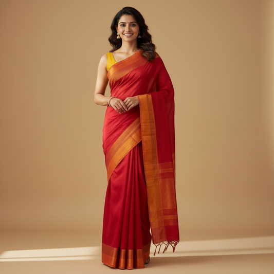 SEMI CHIFFON SAREE – RED PINK MIX WITH ORANGE SMALL BORDER AND YELLOW BLOUSE
