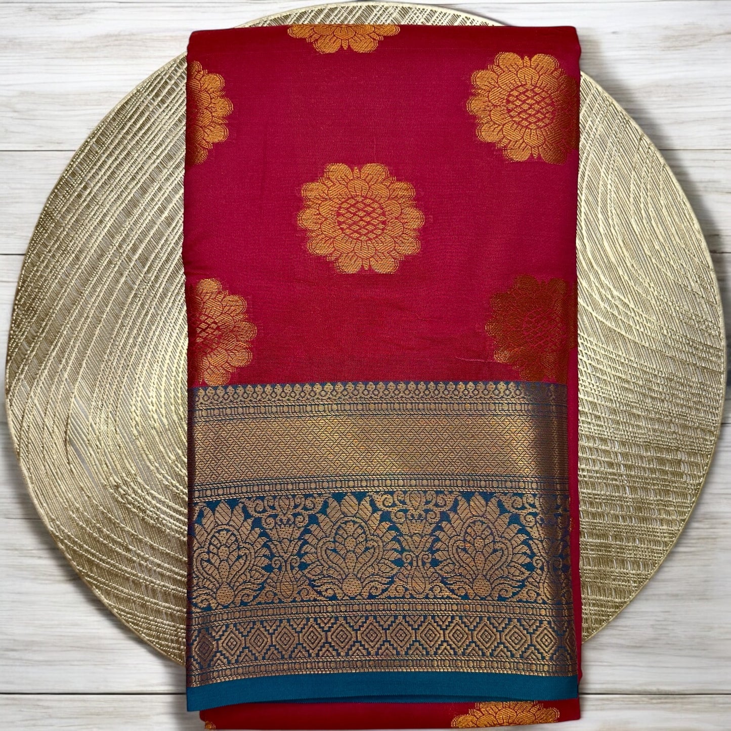 SILK SAREE – DARK PINK WITH FLOWER BUTTA AND GOLDEN GREEN BIG BORDER