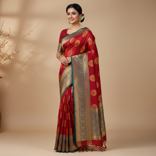 SILK SAREE – DARK PINK WITH FLOWER BUTTA AND GOLDEN GREEN BIG BORDER