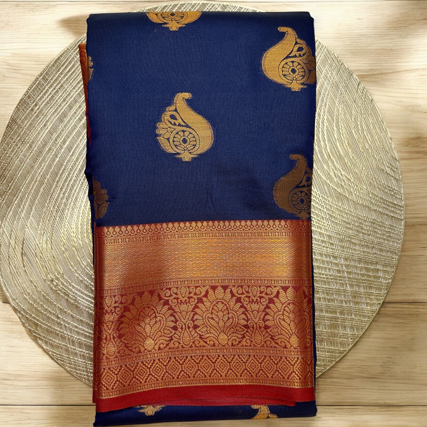 SILK SAREE – DARK VIOLET WITH MEDIUM DESIGN BUTTA AND GOLDEN ORANGE MEDIUM BORDER