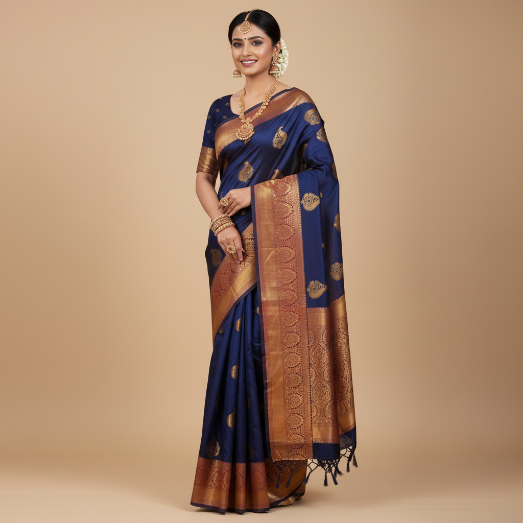 SILK SAREE – DARK VIOLET WITH MEDIUM DESIGN BUTTA AND GOLDEN ORANGE MEDIUM BORDER