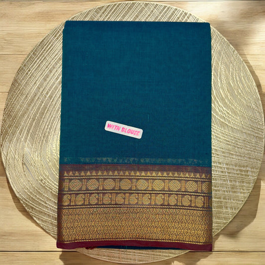 KANJIVARAM COTTON SAREE – PLAIN BLUE BODY WITH GOLDEN RED MEDIUM BORDER