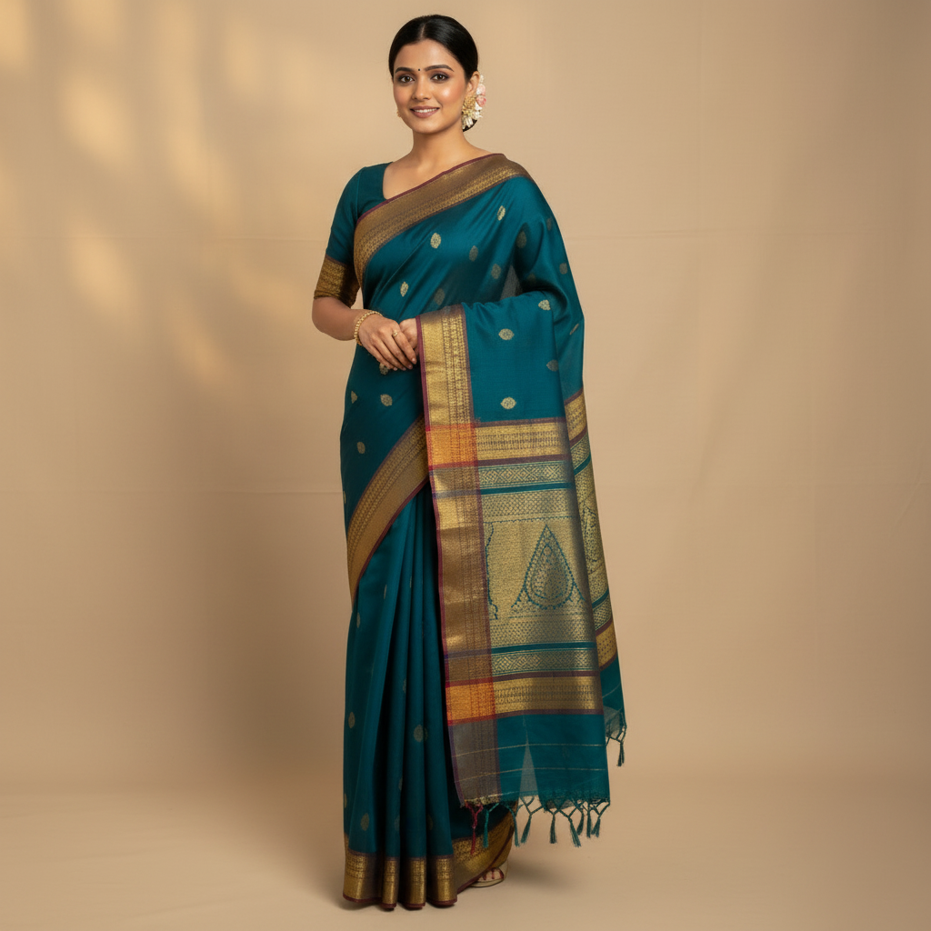 KANJIVARAM COTTON SAREE – PLAIN BLUE BODY WITH GOLDEN RED MEDIUM BORDER
