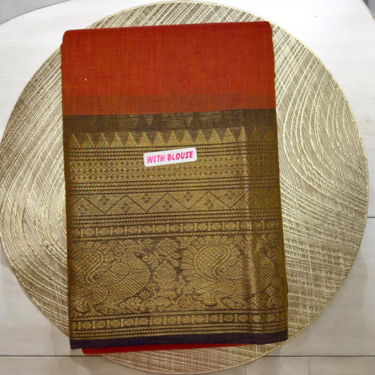 KANJIVARAM COTTON SAREE – PLAIN ORANGE BODY WITH GOLDEN BROWN BIG BORDER