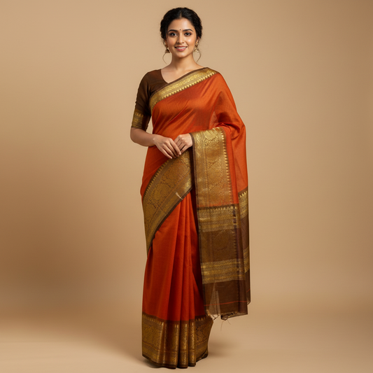 KANJIVARAM COTTON SAREE – PLAIN ORANGE BODY WITH GOLDEN BROWN BIG BORDER