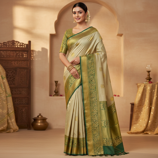 SILK SAREE – OFFWHITE WITH PEACOCK BUTTA AND GREEN-GOLDEN BIG BORDER
