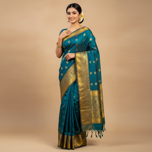 SILK SAREE – CLASSY BLUE WITH FLORAL BUTTA AND RICH GOLDEN-BROWN BIG BORDER