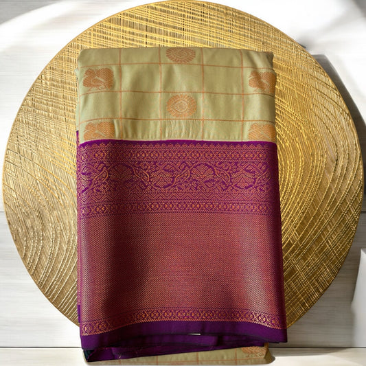 SEMI-SOFT SILK SAREE – PISTA GREEN WITH SMALL CHECKS AND PEACOCK BUTTA + PURPLE-GOLDEN BIG BORDER