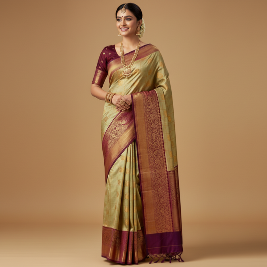 SEMI-SOFT SILK SAREE – PISTA GREEN WITH SMALL CHECKS AND PEACOCK BUTTA + PURPLE-GOLDEN BIG BORDER