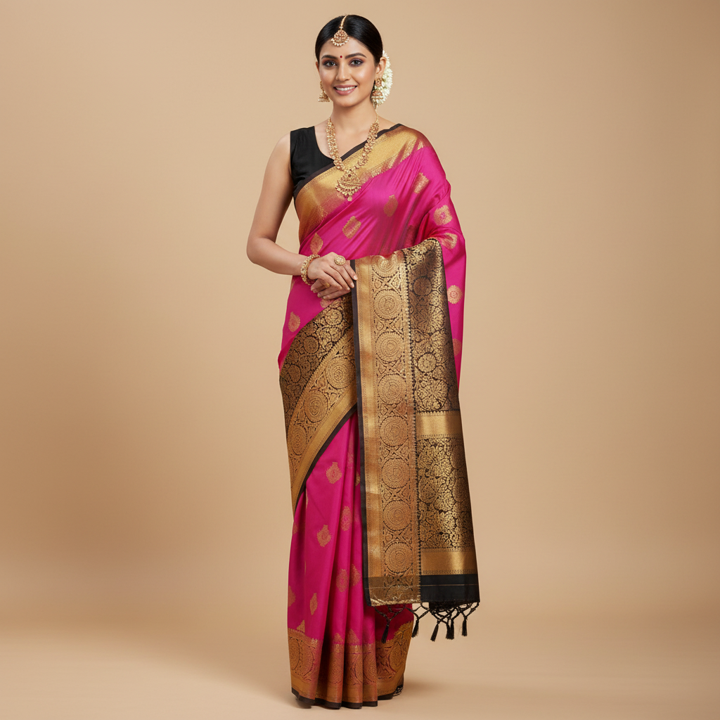 SILK SAREE – BRIGHT PINK WITH SMALL BUTTA + PURPLE MEDIUM BORDER & BLACK RICH PALLU
