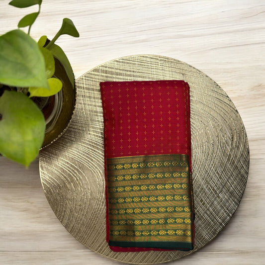 ART SILK SAREE – RANI PINK WITH SMALL PLUS DESIGN + GOLDEN LINES GREEN BIG BORDER