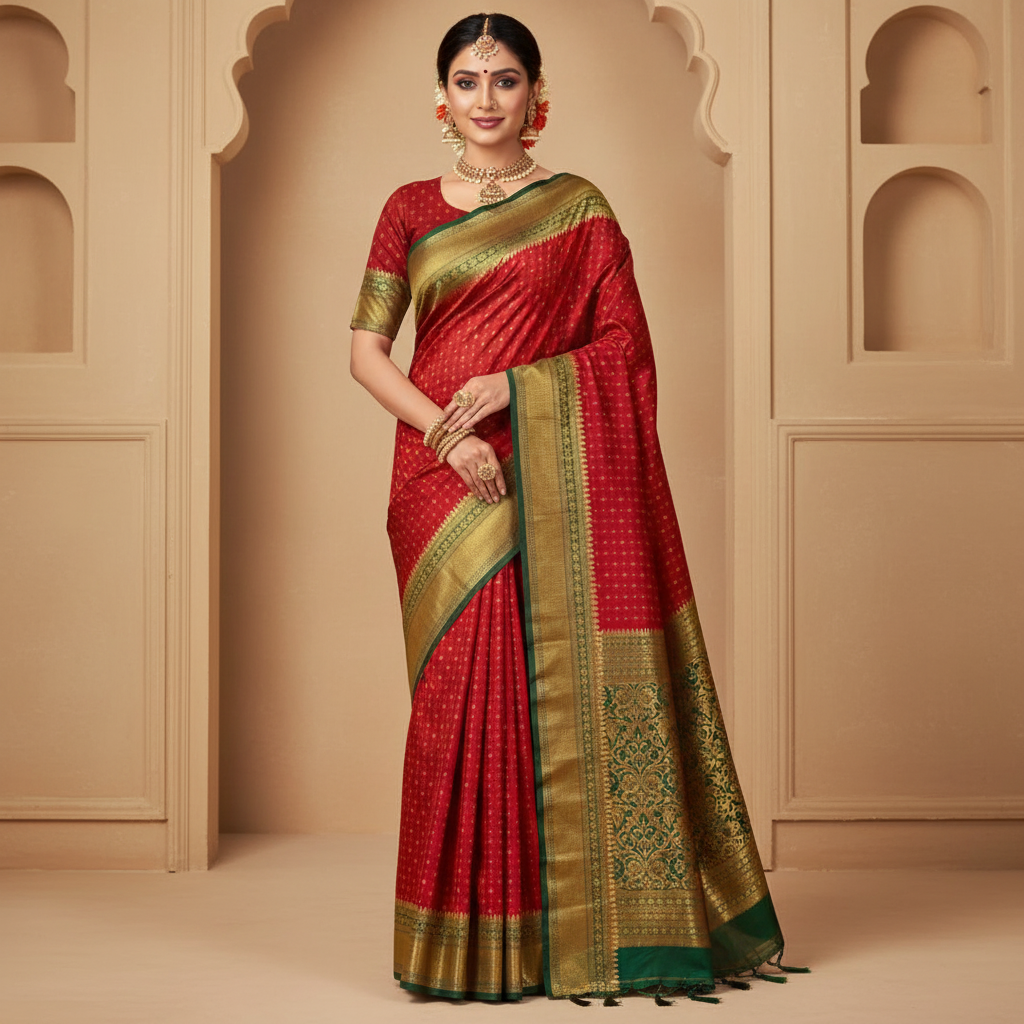 ART SILK SAREE – RANI PINK WITH SMALL PLUS DESIGN + GOLDEN LINES GREEN BIG BORDER