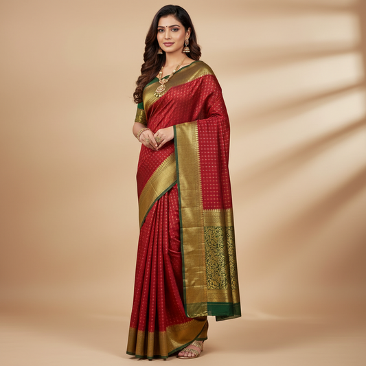 ART SILK SAREE – RANI PINK WITH SMALL PLUS DESIGN + GOLDEN LINES GREEN BIG BORDER