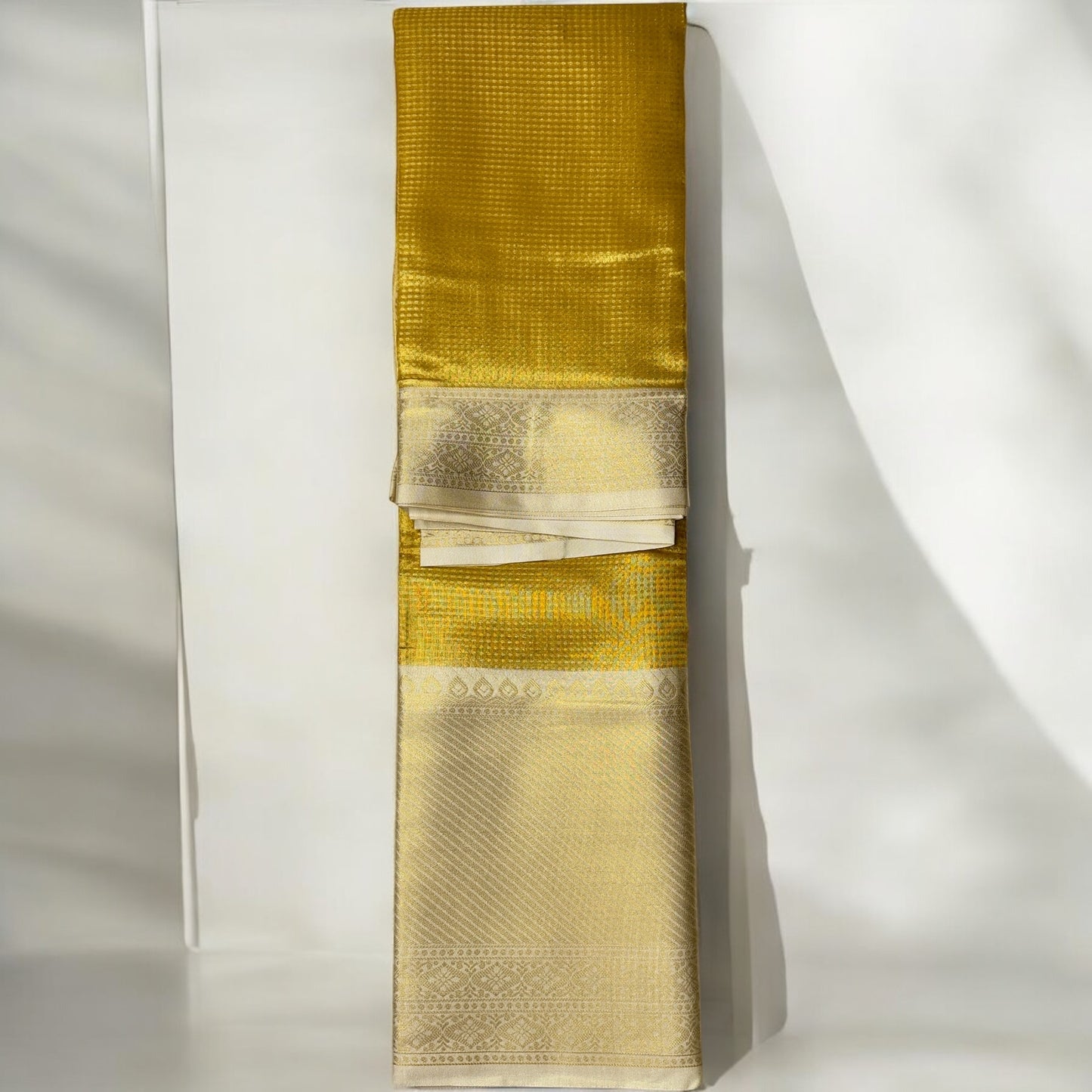 TISSUE SAREE – GOLDEN/YELLOW SMALL CHECKS WITH OFF-WHITE BIG BORDER ZARI WORK