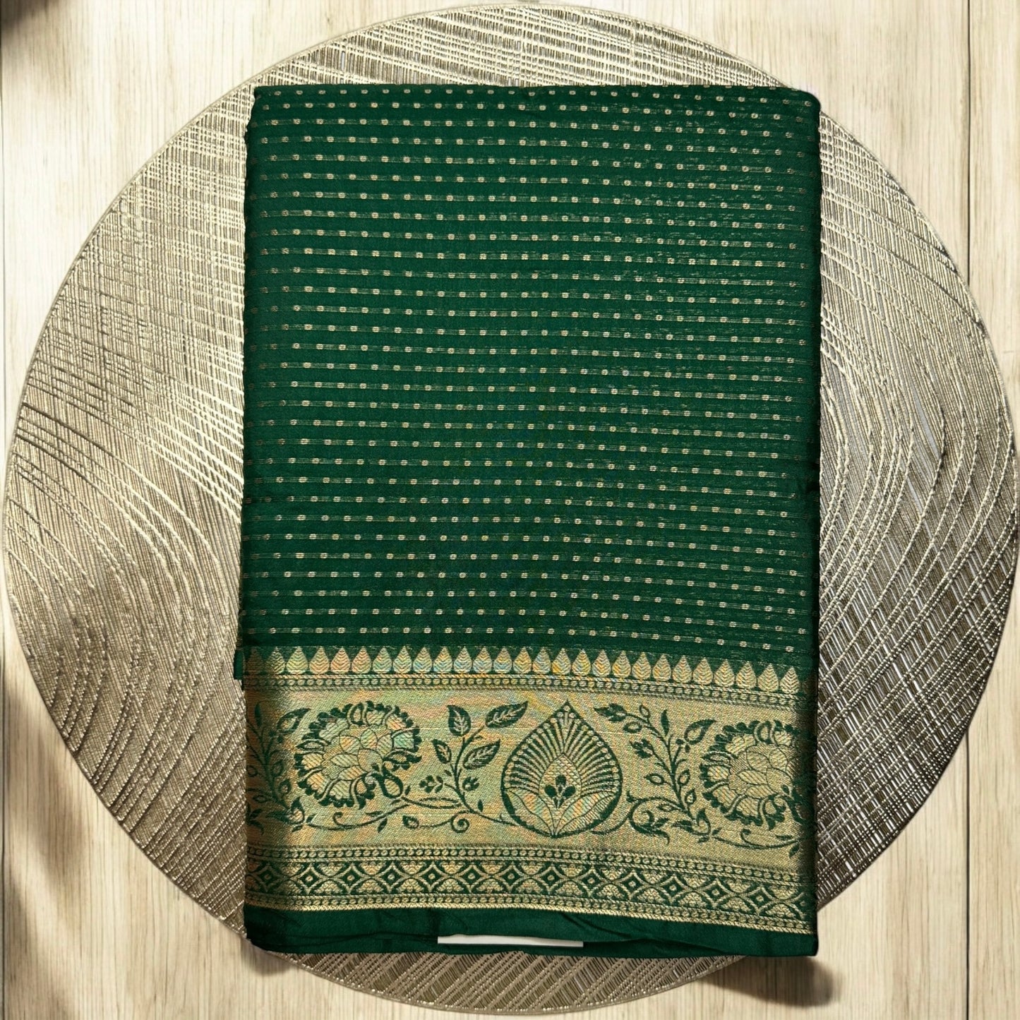 ART SILK SAREE – DARK GREEN WITH GOLDEN DOTTED STRIPS + EDIM GOLDEN BORDER