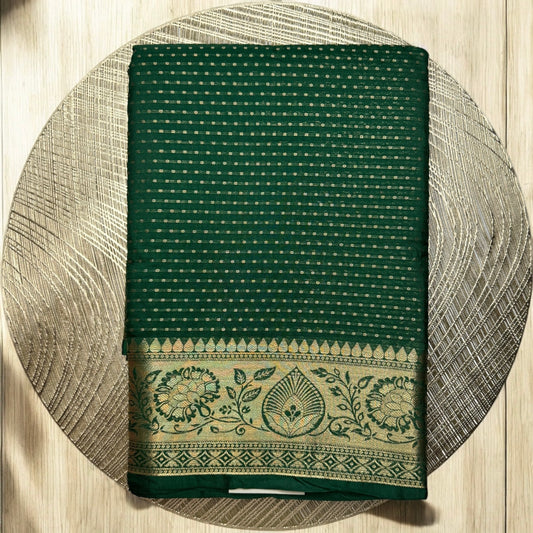ART SILK SAREE – DARK GREEN WITH GOLDEN DOTTED STRIPS + EDIM GOLDEN BORDER
