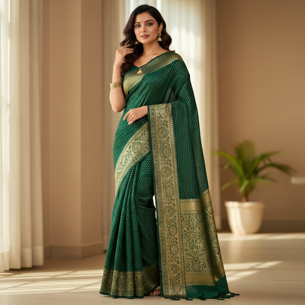 SEMI CHIFFON SAREE – DARK GREEN WITH GOLDEN DOTTED STRIPS + EDIM GOLDEN BORDER
