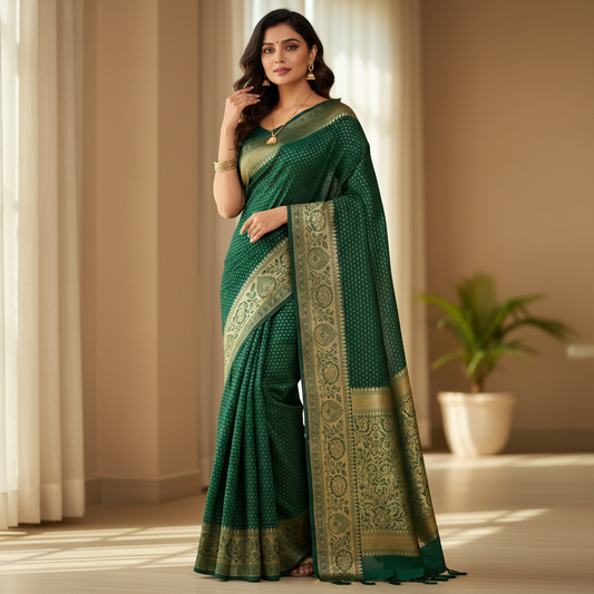 SEMI CHIFFON SAREE – DARK GREEN WITH GOLDEN DOTTED STRIPS + EDIM GOLDEN BORDER