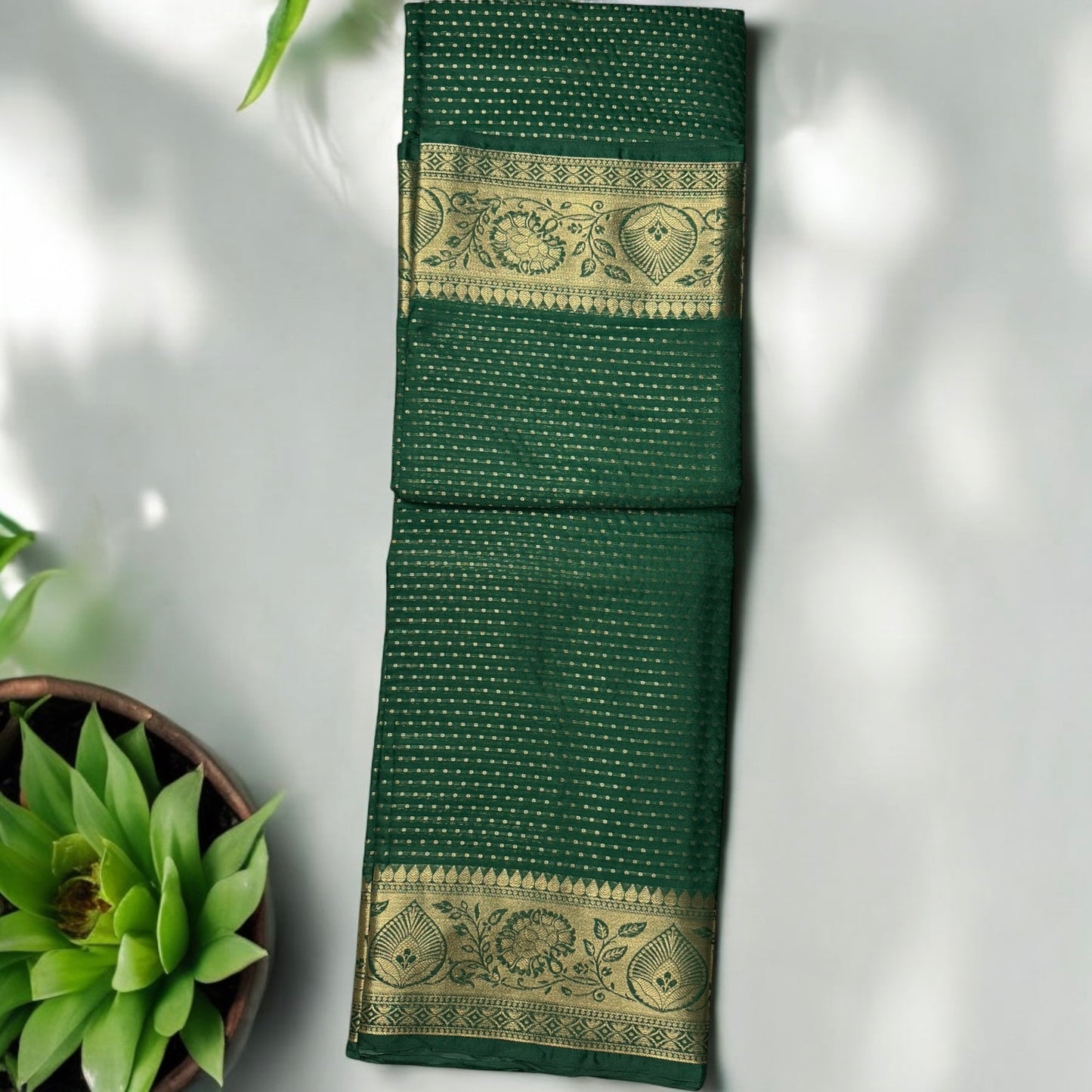 ART SILK SAREE – DARK GREEN WITH GOLDEN DOTTED STRIPS + EDIM GOLDEN BORDER