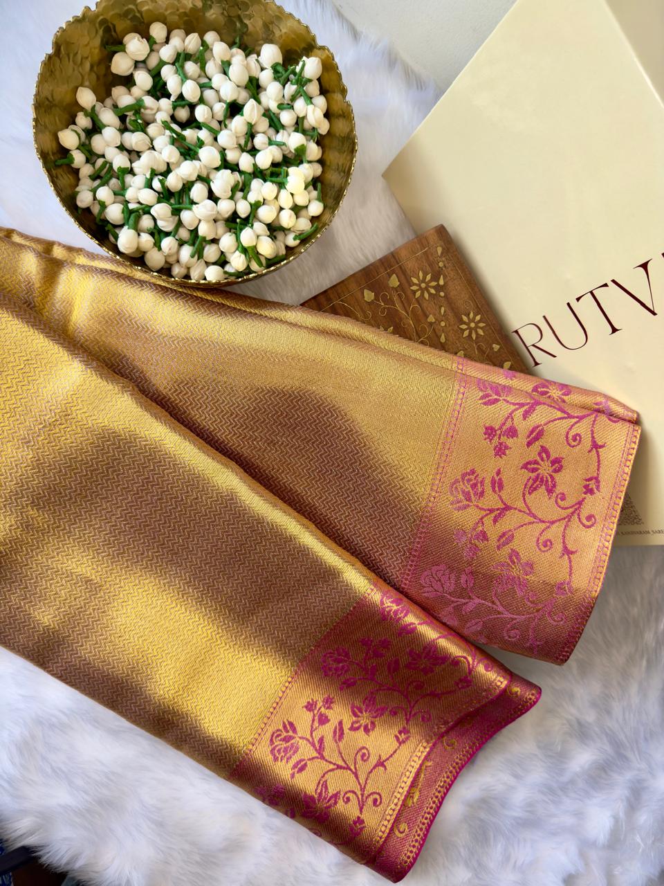 GOLDEN SOFT TISSUE SILK SAREE WITH EMBROIDERED ZARI BORDER